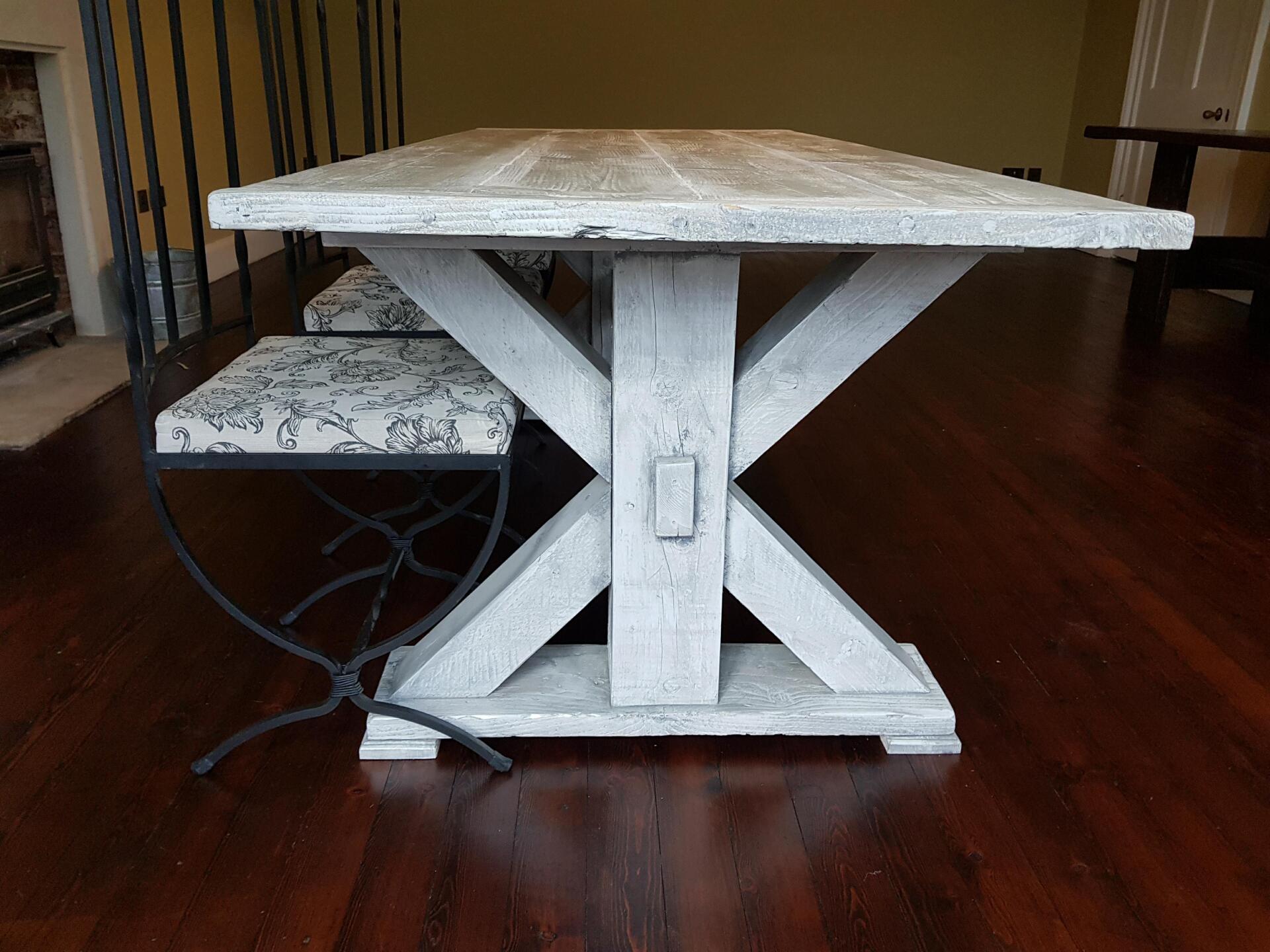 White wood country farmhouse table White bleached wooden kitchen table , breakfast table
