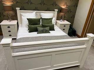Wooden double bedframe and headboard , bedside tables painted in white