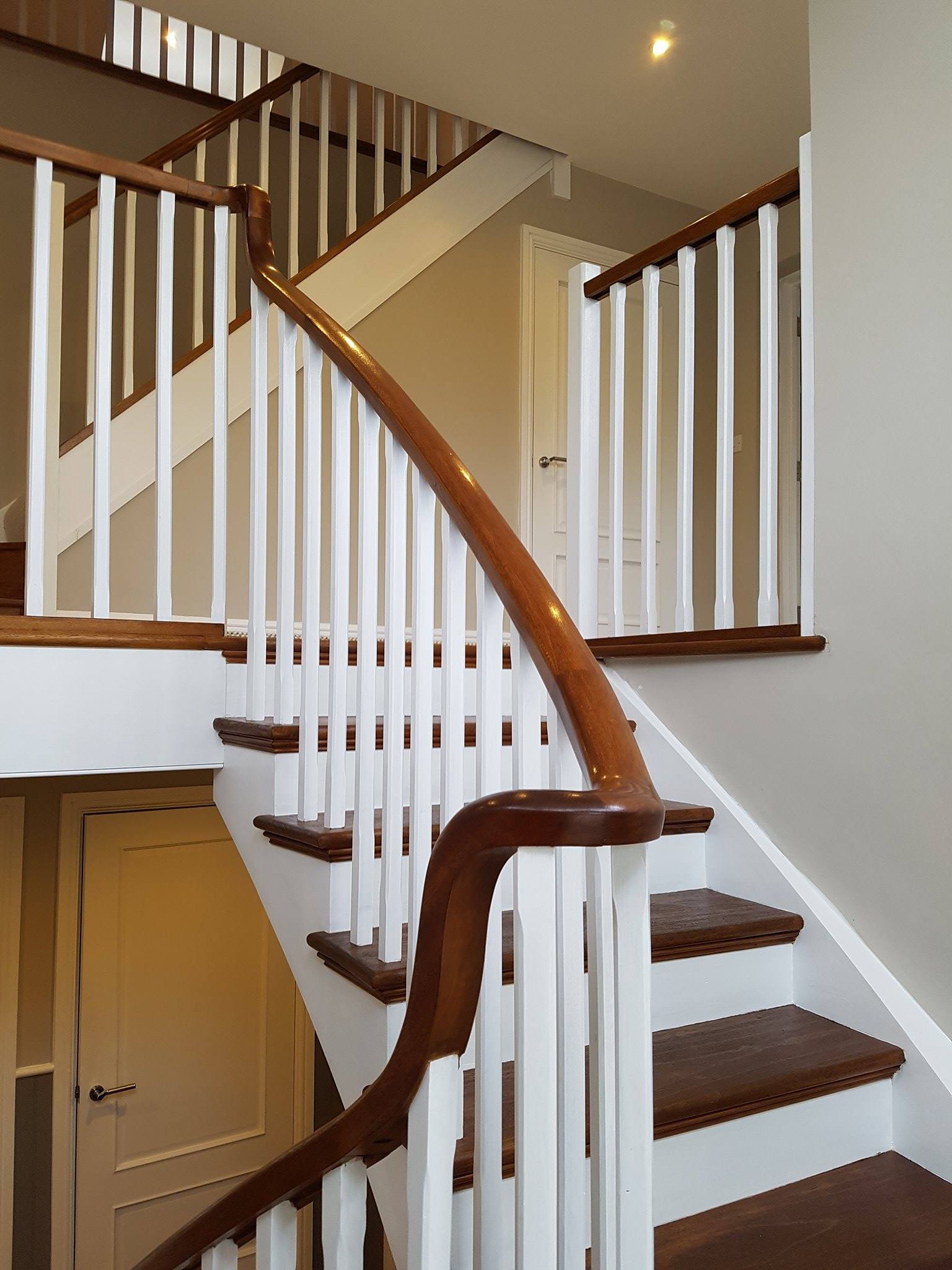 Original teak staircase restored and painted , two-tone effect