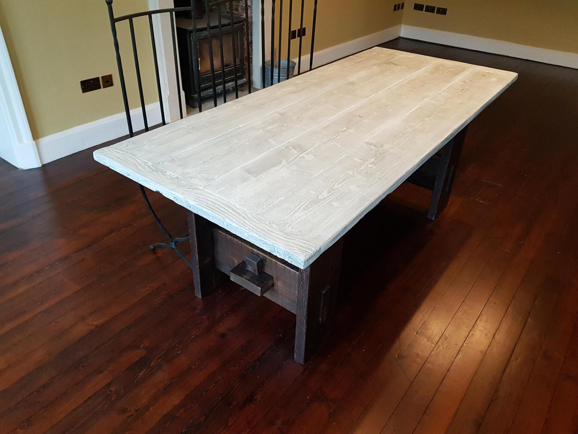 White wood effect reclaimed table top, jacobean dark traditional table base