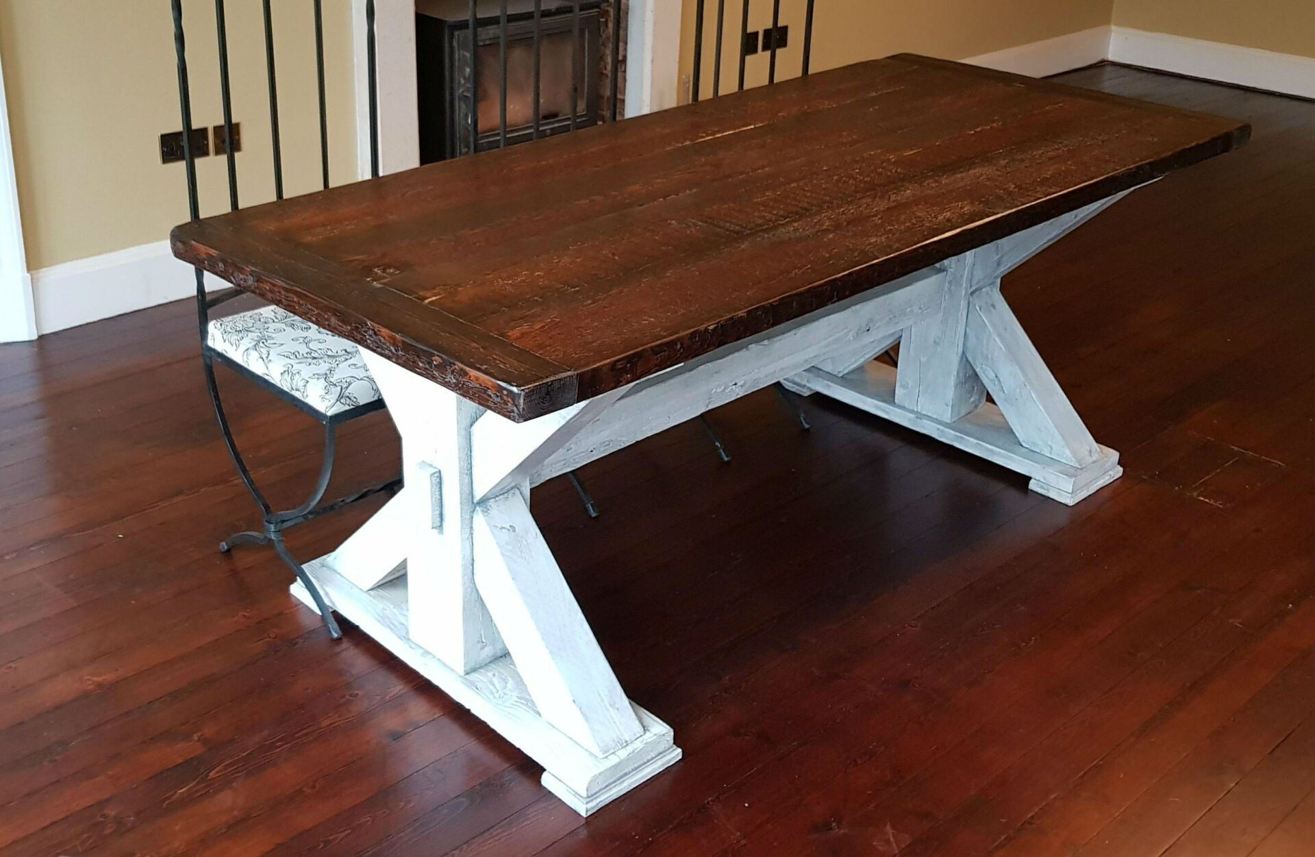 White antique oak effect reclaimed kitchen dining table