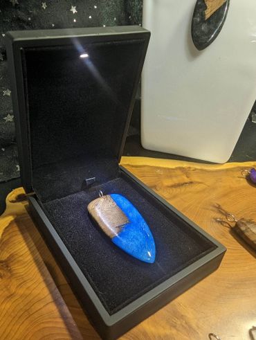Crystal blue resin burr oak wooden pendant / keyring, in led gift box, handmade, unique gift