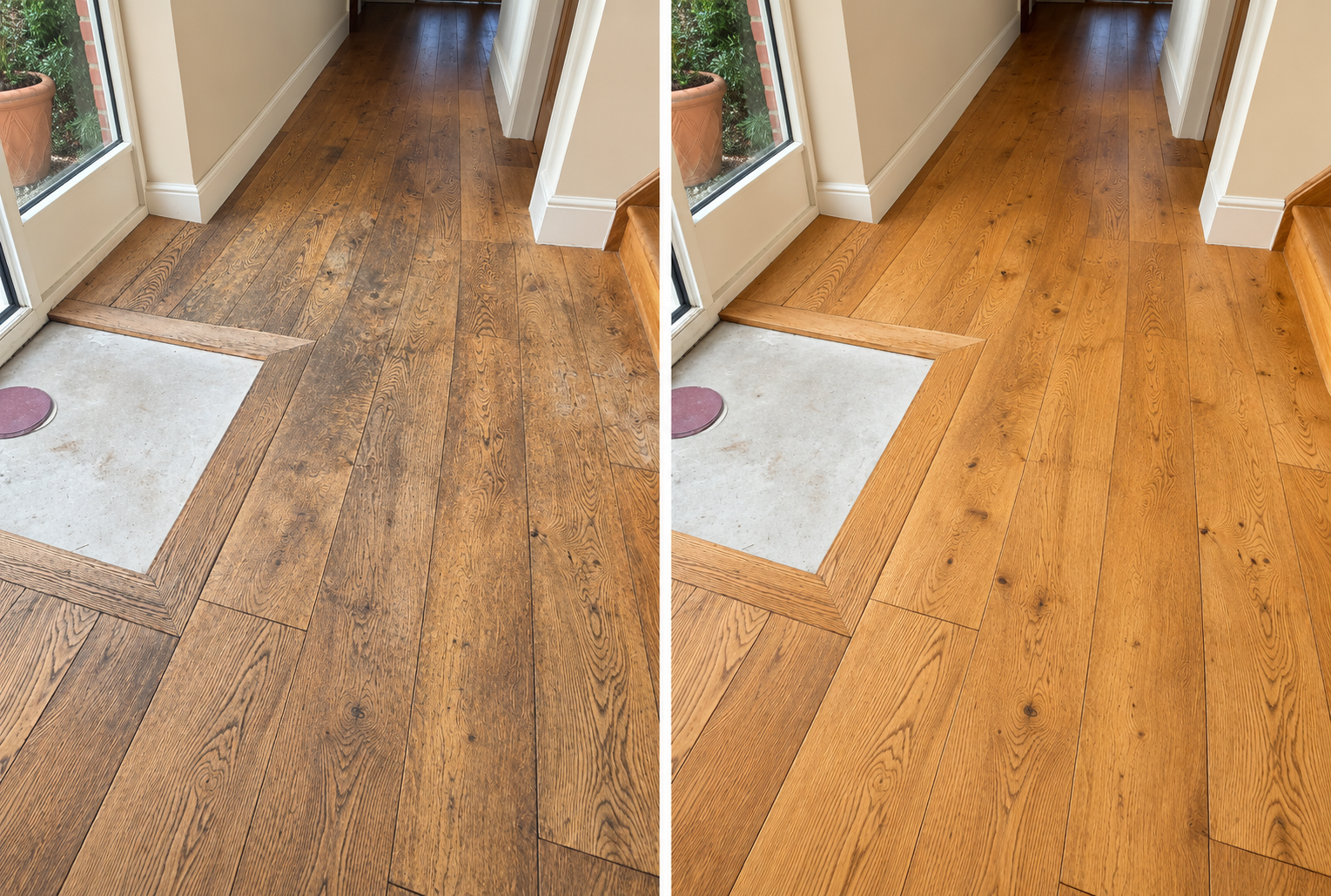 restoring original oak wooden floorboards, black floor, damaged floor, before and after photos of oak floor, blackened oak floor